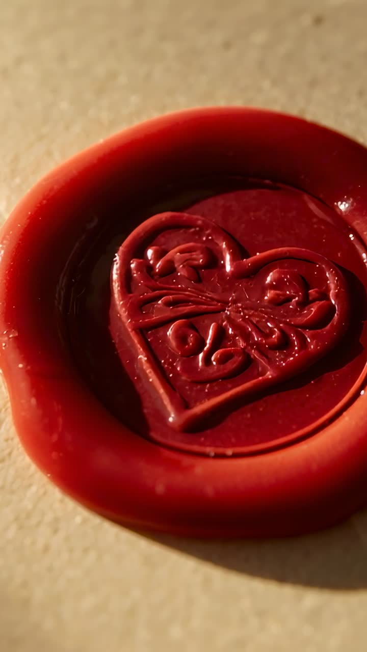 Video verticale: telecamera che si inclina e zooma su sigillo di cera rosso su carta beige, mostrando un cuore in rilievo