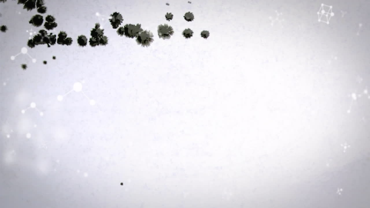 Animación de moléculas sobre manchas negras en fondo blanco