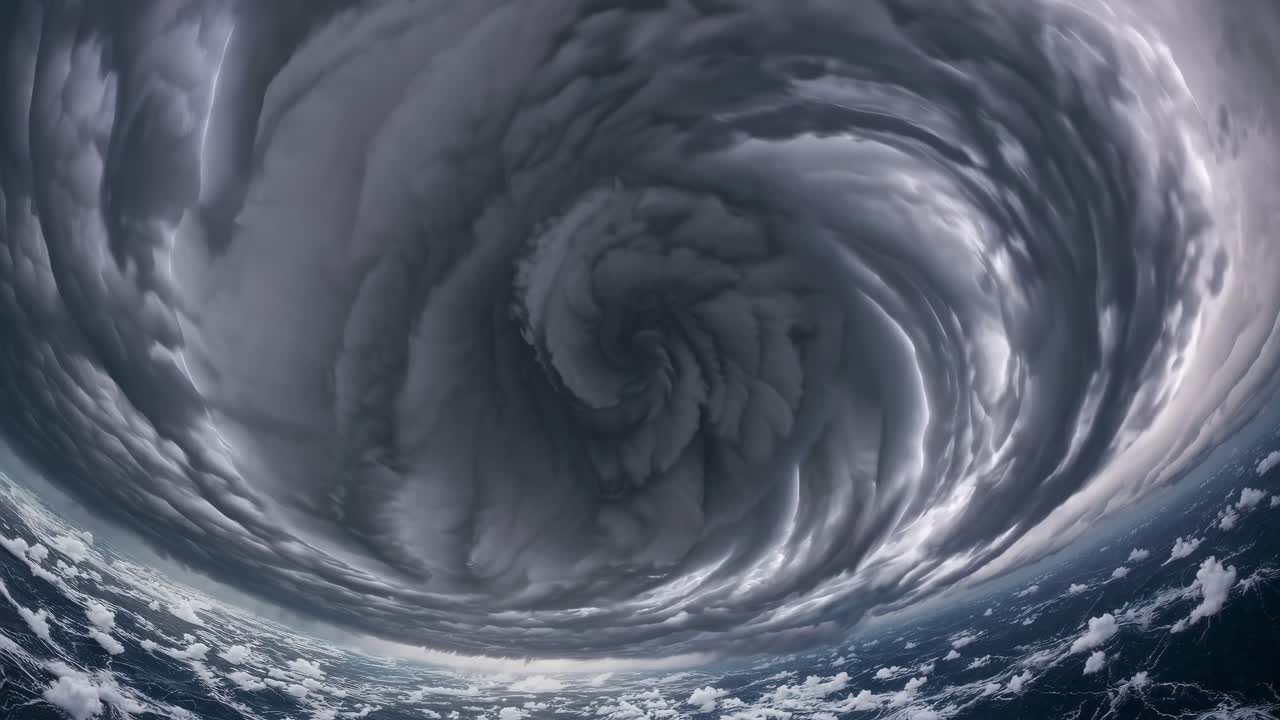 Dramatisk fiskeøje-perspektiv af hvirvlende stormskyer over havet, hvilket skaber en dynamisk og intens stemning