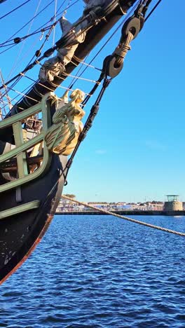 vertical view about an old pirate ship front details near harbor, saint-malo, france.