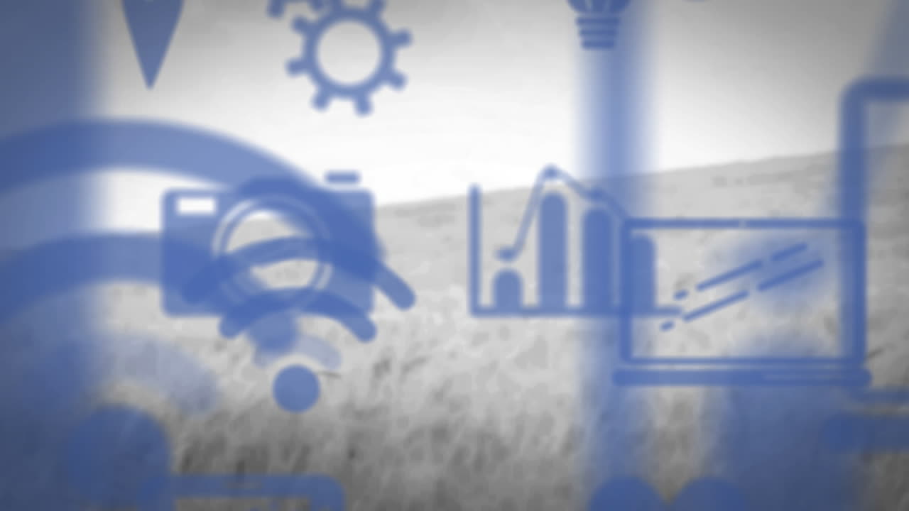 animación de iconos digitales en línea flotando sobre el campo