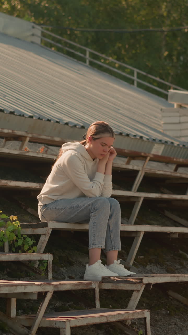 농촌 스타디움의 관중석에 생각나게 앉아있는 젊은 여성, 손에 을 고, 캐주얼한 후디와 청바지를 입고, 그녀는 녹색으로 둘러싸인 깊은 생각에 빠진 것처럼 보입니다.