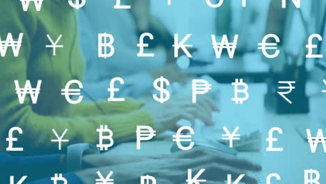 animation of online currency symbols over diverse business people typing on computers