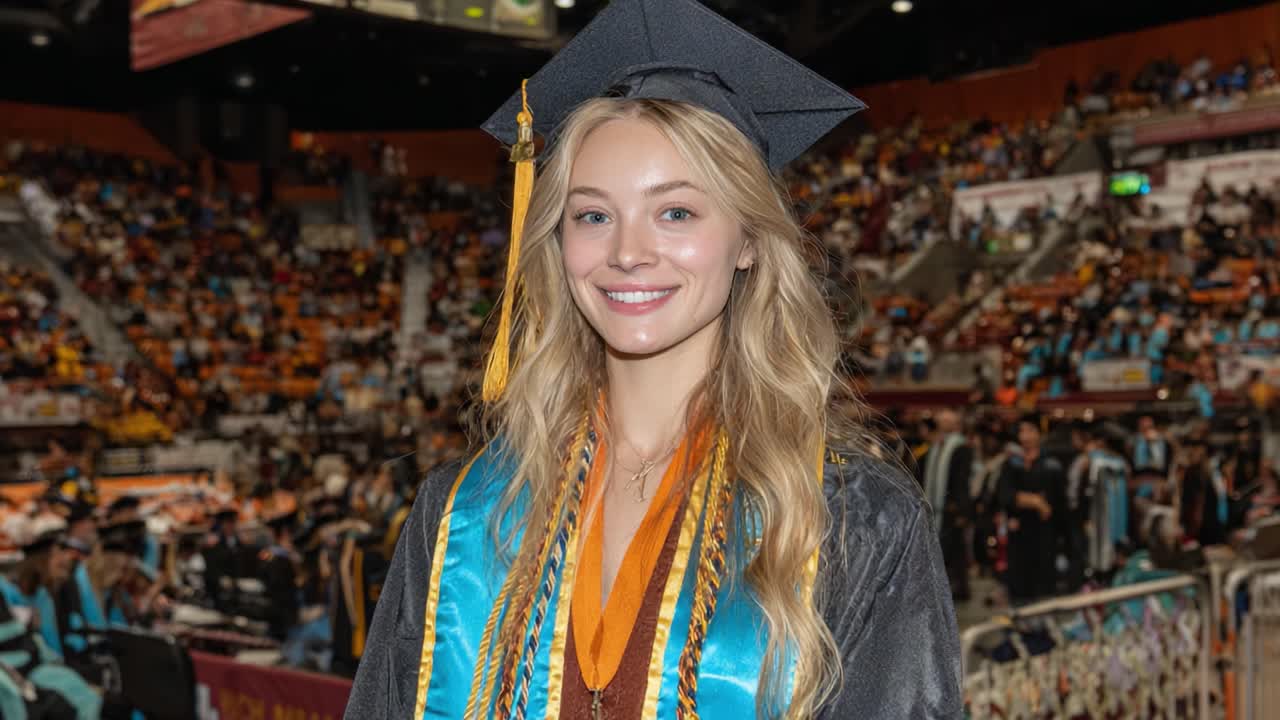 Celebrating Achievement: A Proud Graduate in Cap and Gown at a University Commencement Ceremony with a Radiant Smile and Colorful Tassels