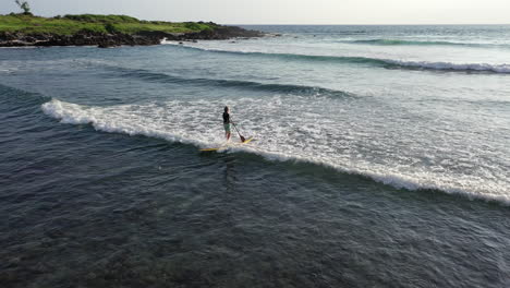 aerial view of a paddleboarder on a sup board paddling in the ocean in the waters of reunion island