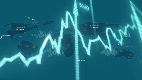 animation of blue graph with upward arrows and data processing over blue world map