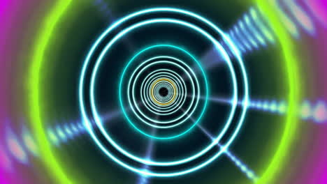 animación de círculos concéntricos brillantes con efectos de luz sobre fondo oscuro