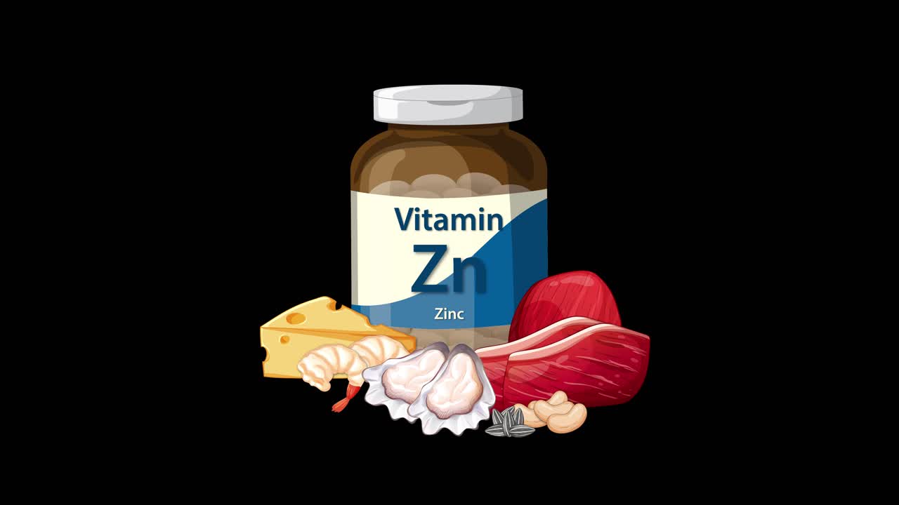 Zinc supplement bottle with cheese, meat, garlic, and nuts appears sequentially, smooth fade transitions