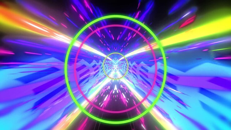 Animation of neon shapes and tunnel of glowing light trails of data transfer
