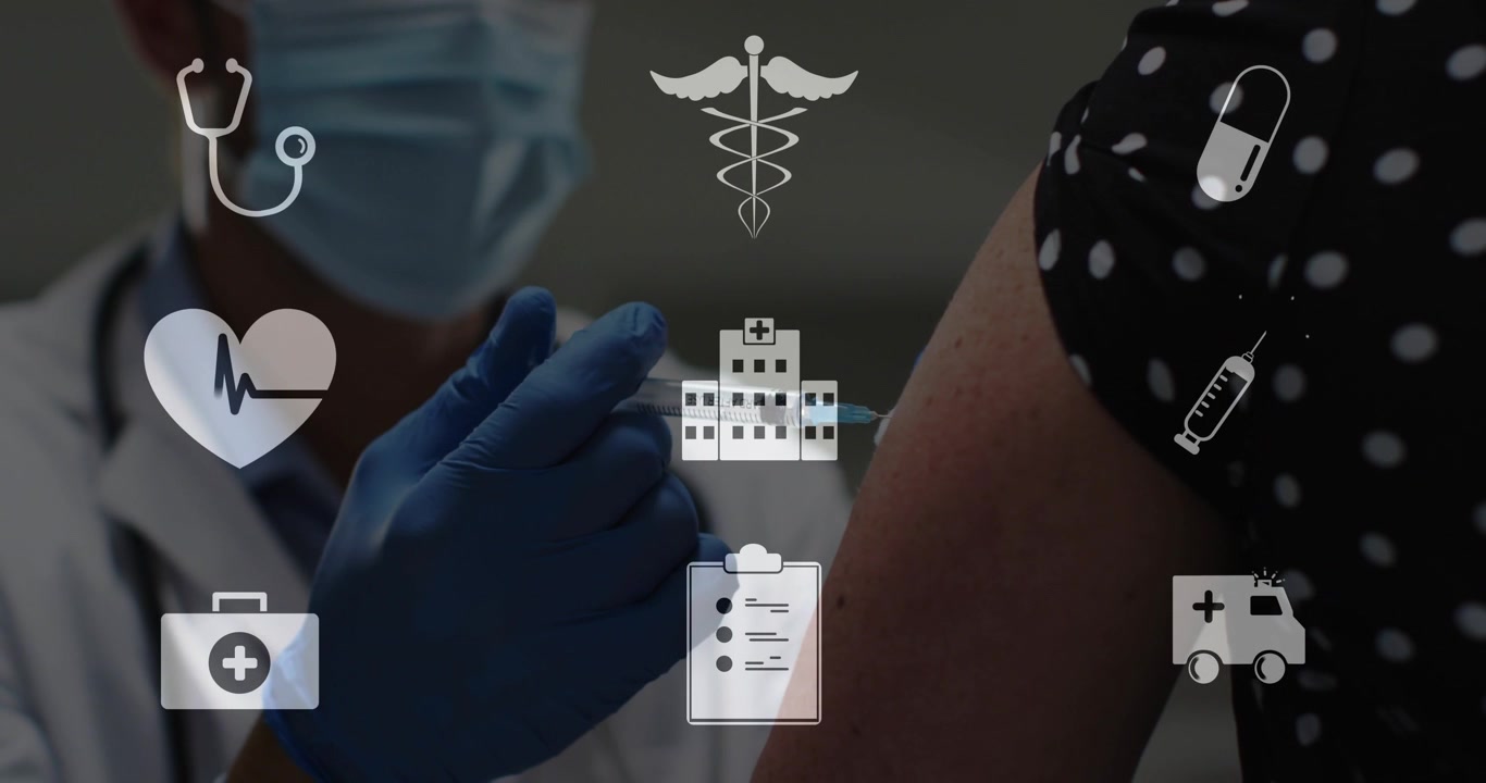 Profissional de saúde trazendo seringa, inserindo brevemente no braço do paciente, com ícones pulsantes de vacinação.