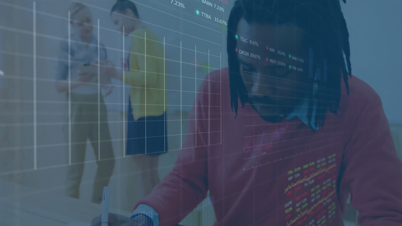 Animation of stock market data processing over african american man taking notes at office