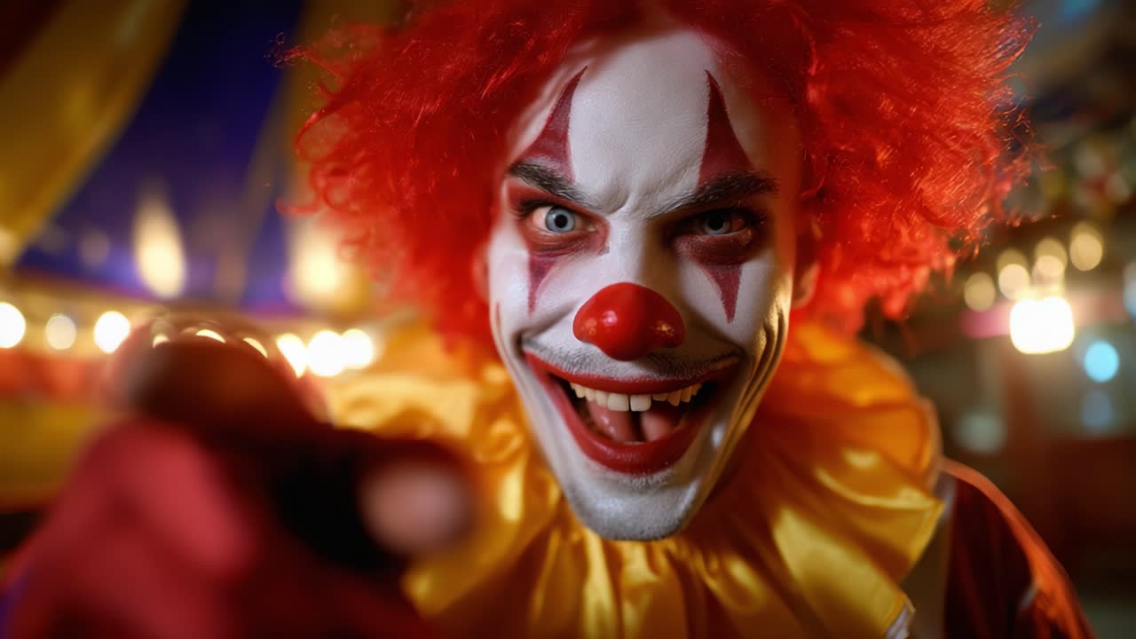 Creepy Clown With Red Hair and Makeup Pointing Menacingly at the Camera, Capturing a Frightening Mood in a Colorful Carnival Setting