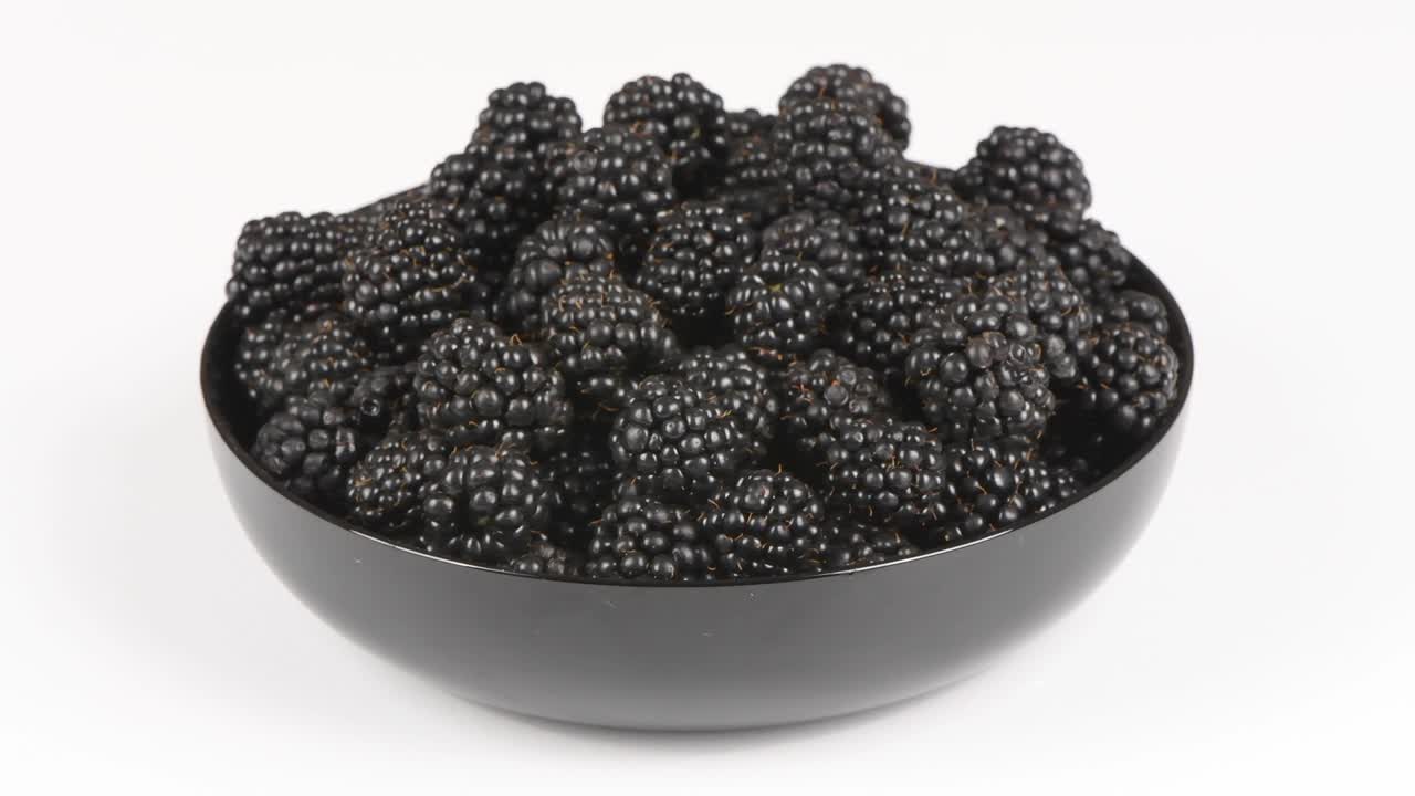 Blackberries on a plate. Side view. Loop motion. Rotation 360.