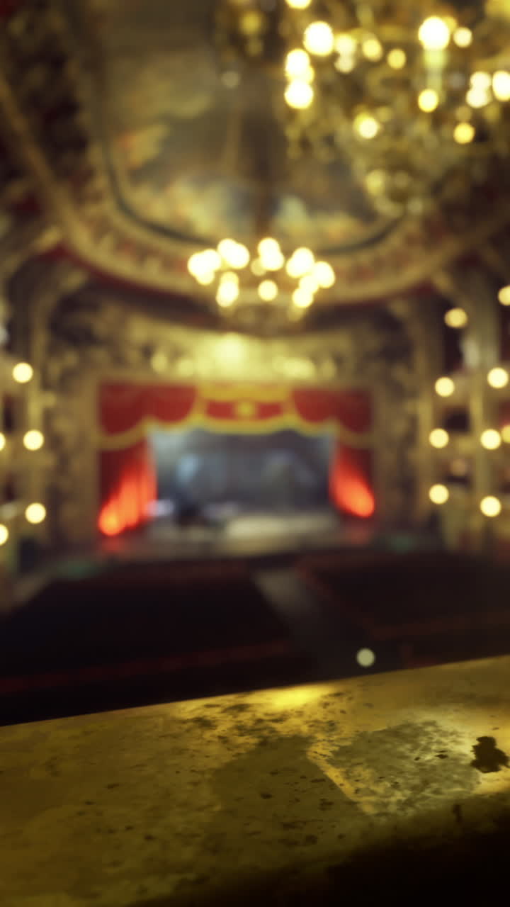 Spettacolo serale in un teatro sontuoso con lampadari e tende.