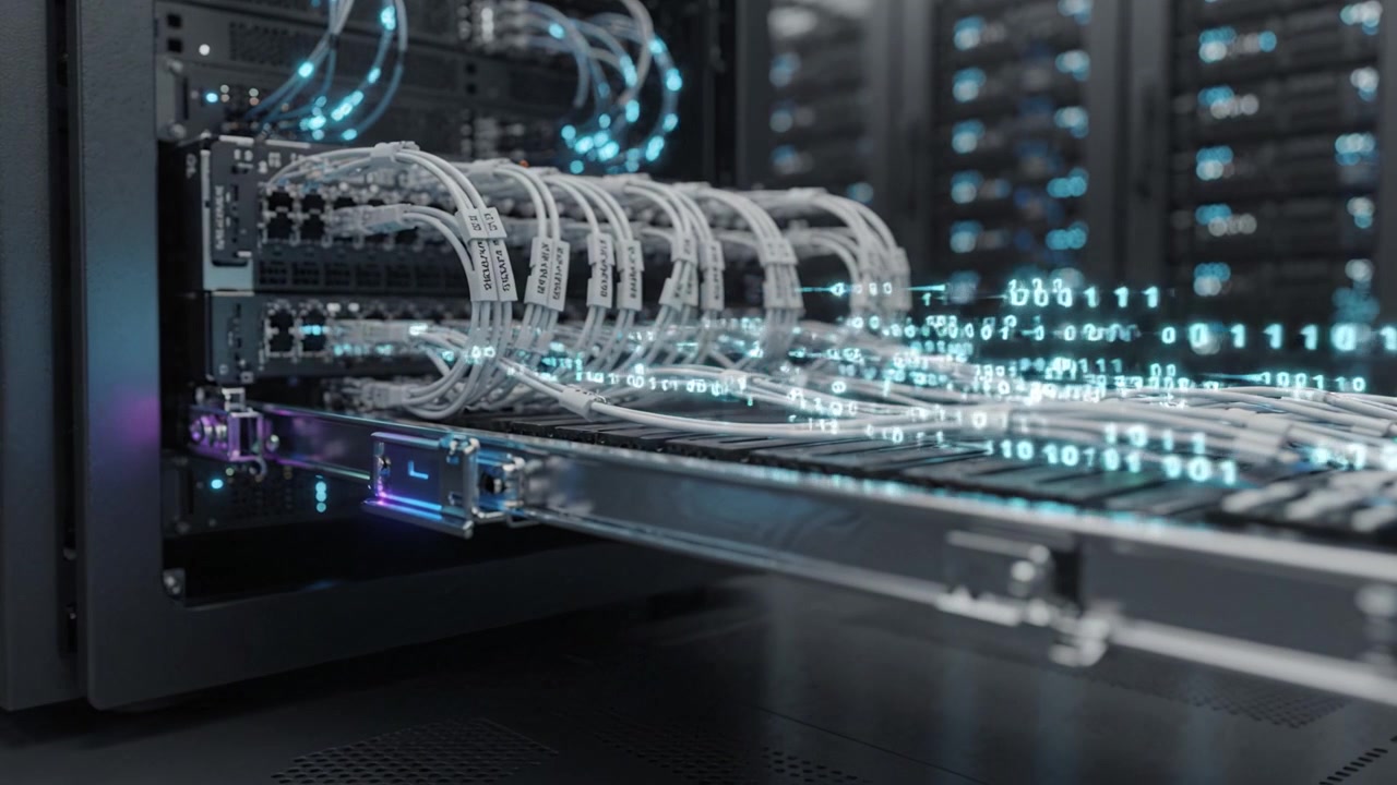 High-Tech Data Center with Server Rack and Cables Displaying Data Flow and Connectivity, Showcasing Advanced Technology and Network Infrastructure