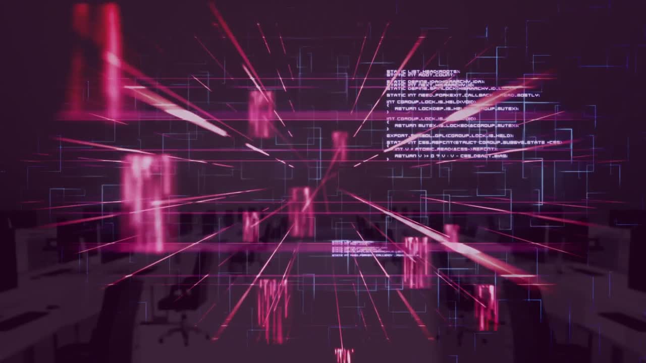 Animation of data with out of focus modern office in the background
