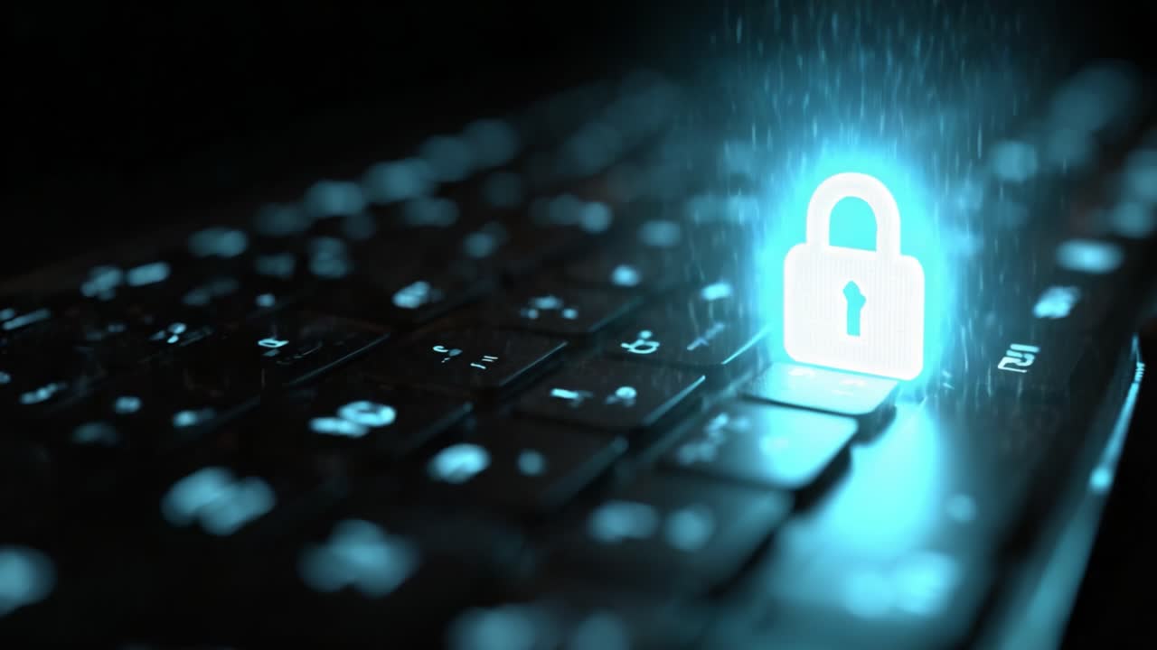 Digital Security and Encryption Concept Imagery Featuring a Floating Lock Icon Above a Keyboard, Representing Data Protection and Cybersecurity Measures