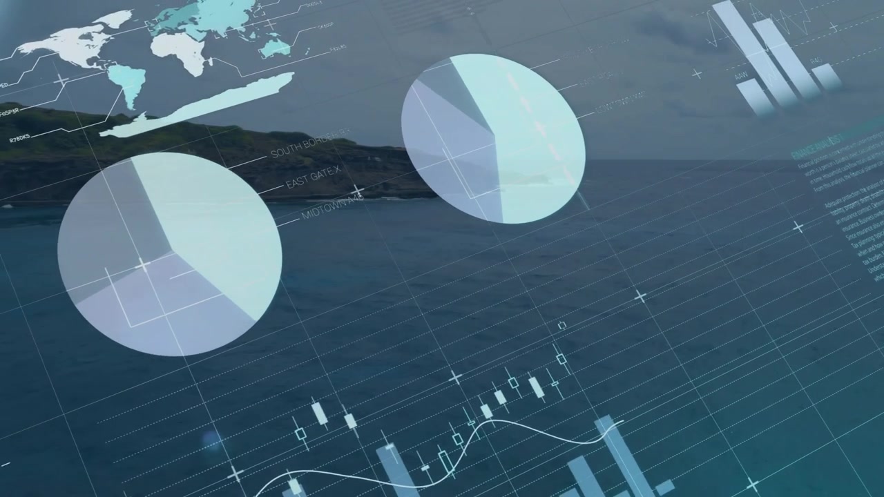 Upon loading floating dashboard overlay animating charts and gauges for visualizing maritime data