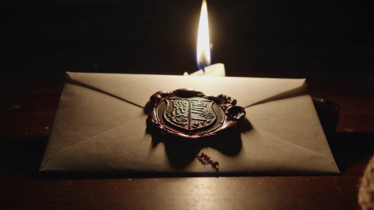 Flickering candle flame casting light across sealed envelope on wooden table, showing wax seal