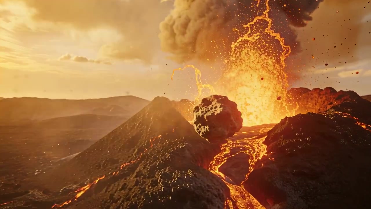 Vulcano in eruzione da una fessura, che rilascia lava e bombe vulcaniche, con fontane di lava che esplodono nel cratere e cenere.