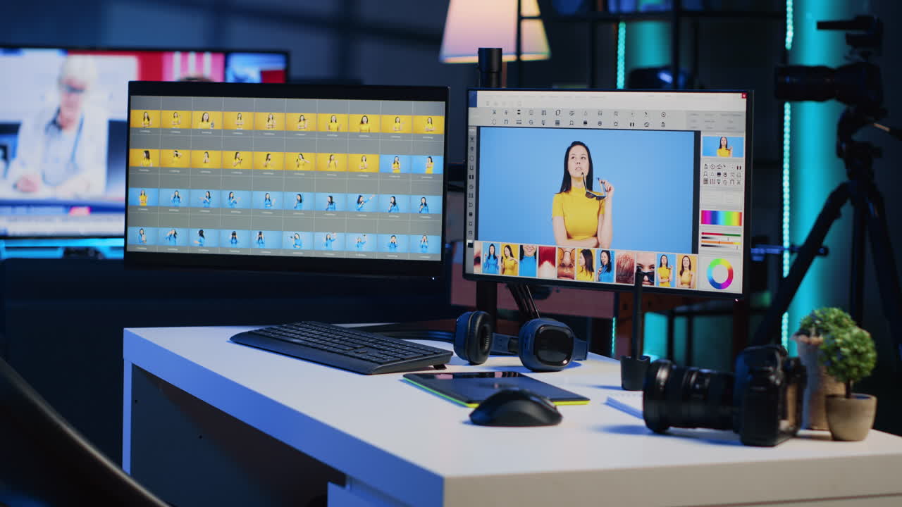 estudio de fotografía profesional de postprocesamiento con interfaz de software de edición en pantallas de pc