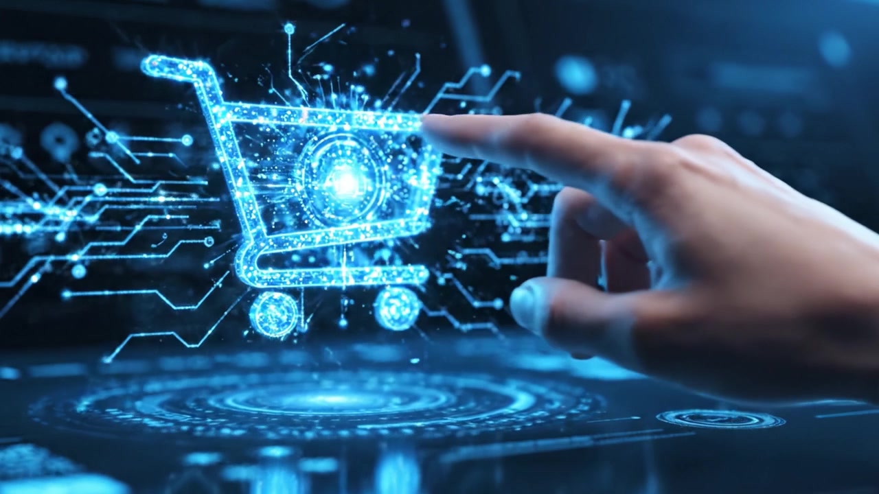 A Futuristic Digital Shopping Journey Illustrated Through a Holographic Shopping Cart Surrounded by Glowing Data Streams and Technological Interfaces.