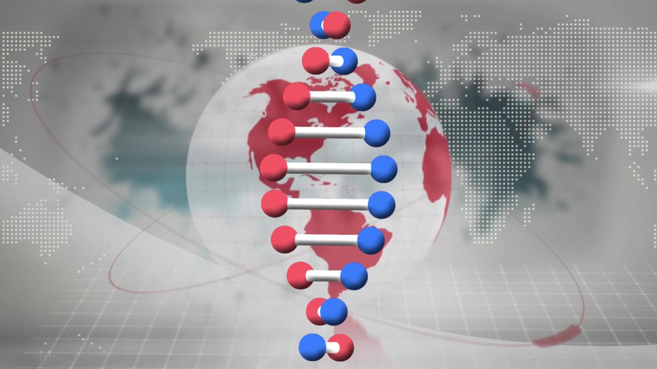 Animazione di un filamento di DNA e un globo su uno sfondo sfocato.