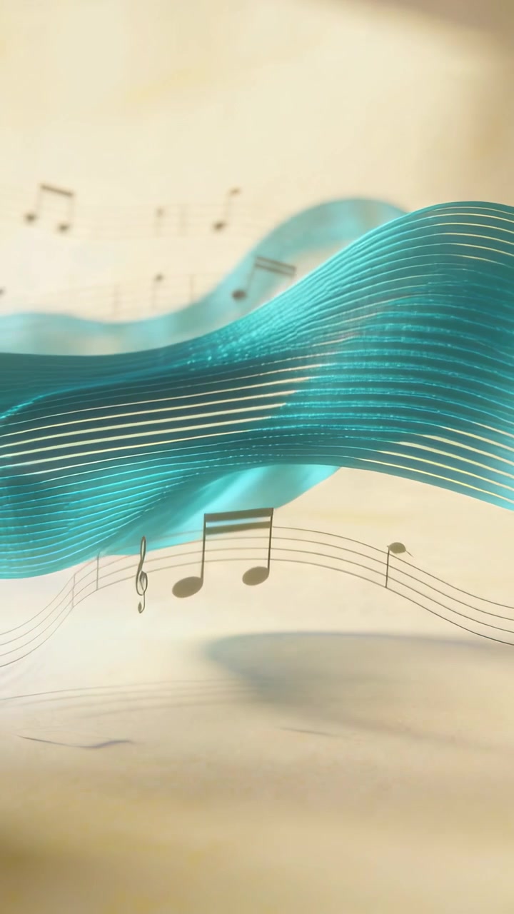 Vertical video: Undulating teal ribbon moving with frames across beige ground showing staff, notes