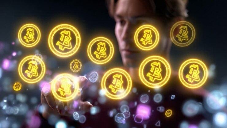 Esplorazione dei mondi delle criptovalute: una persona con icone animate di criptovalute in un ambiente digitale futuristico ricco di simboli ed elementi colorati.