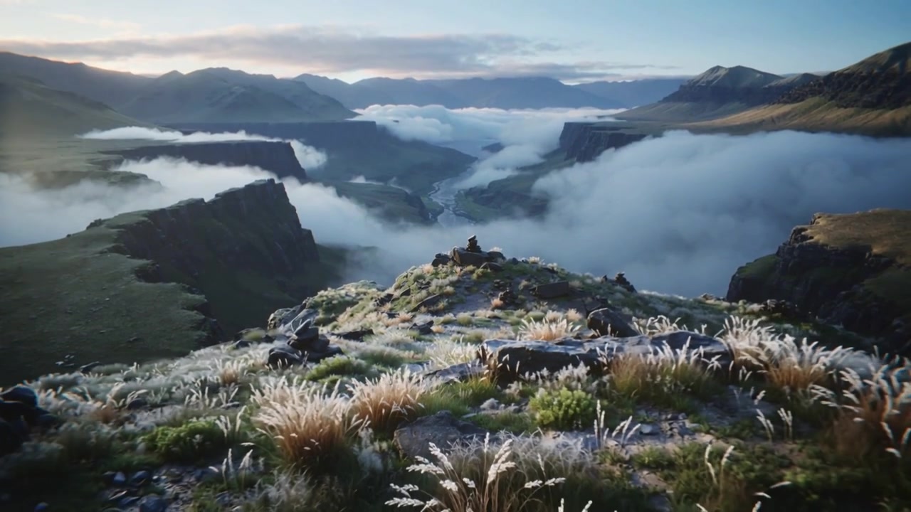 Verschuivende camera onthult een met mist gevulde vallei over een rotsachtige, met graspollen begroeide bergkam met een steenhoop, terwijl grassen wuiven.
