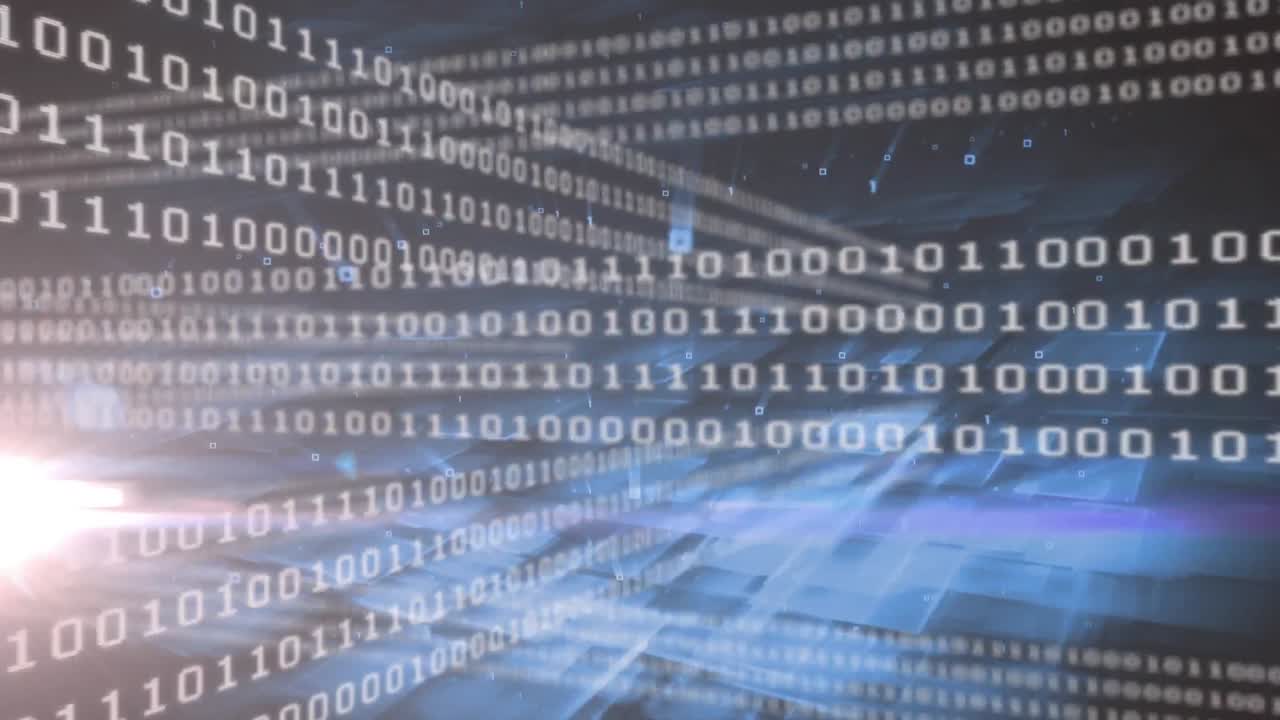 Animation of light trails and binary code on black background