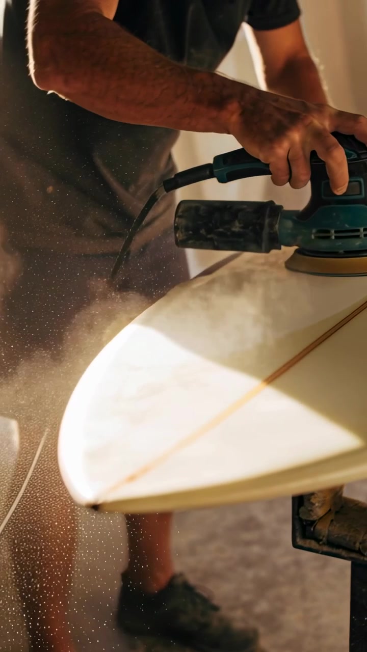 Vertical video: Sanding shaper in shirt pressing orbital sander on surfboard in bay, shaping nose