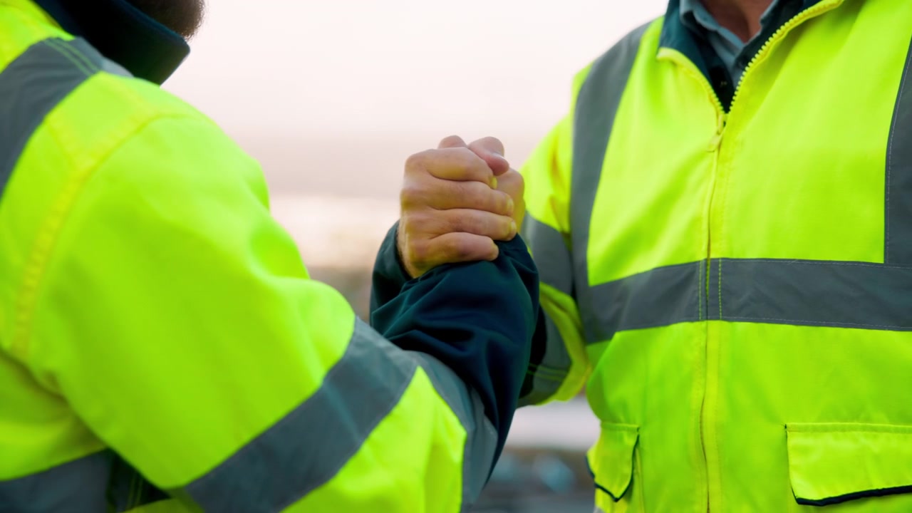 Due operai edili si stringono la mano in un cantiere