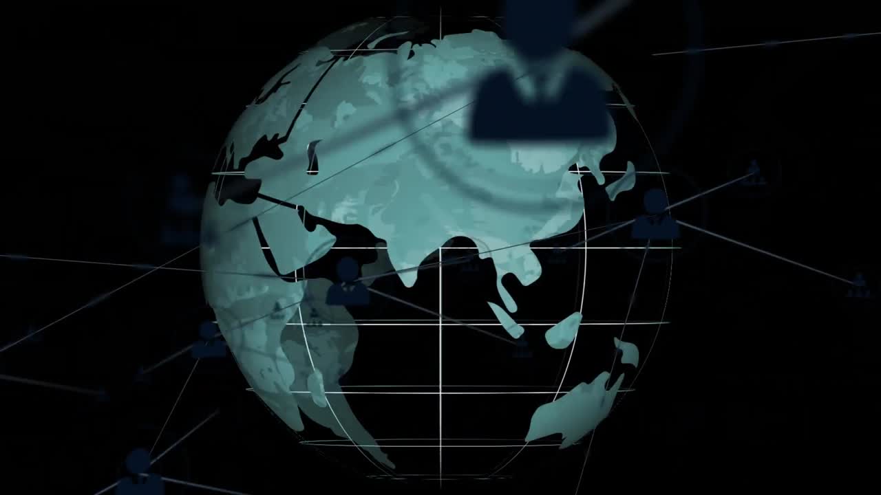 анимация сети соединений с иконами по всему миру на черном фоне