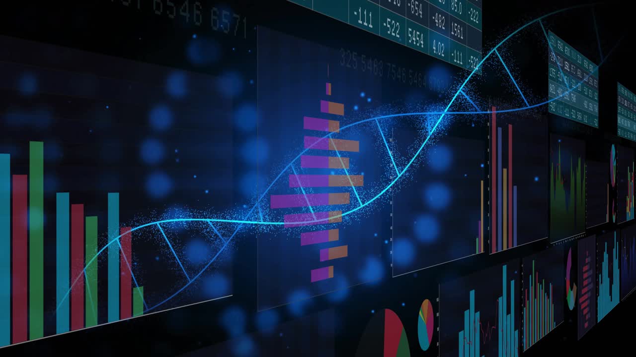 Leuchtende blaue Helix erscheint links, schwebend, beleuchtende Diagramme mit sich verschiebenden Daten zur Visualisierung von Analysen.