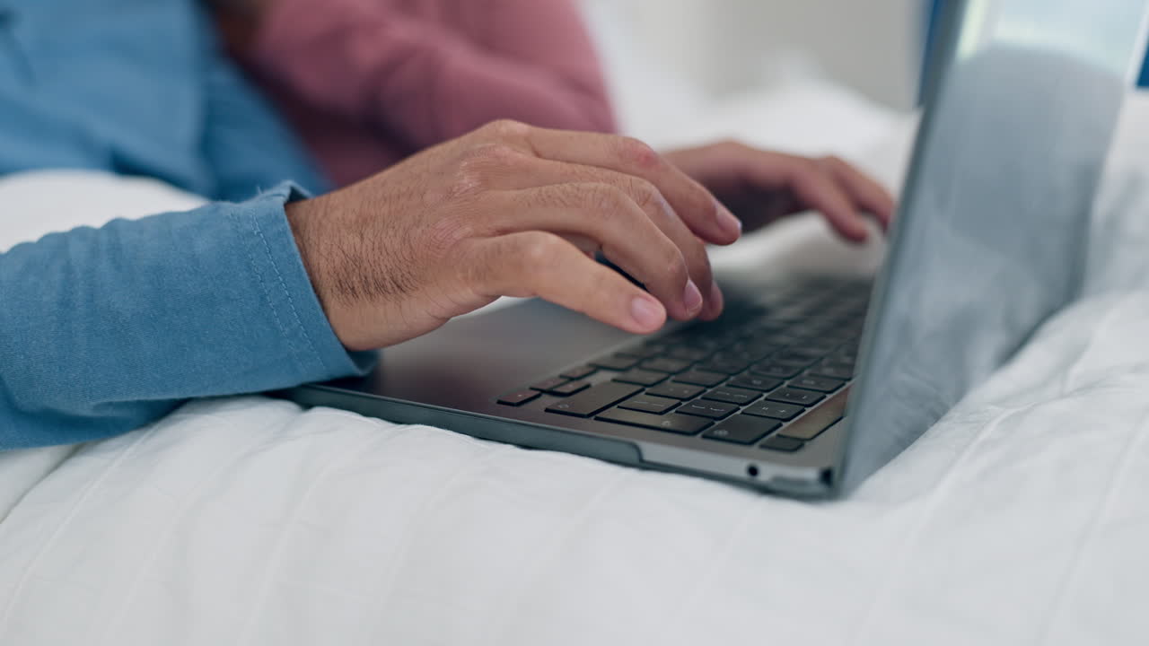 Bed, couple and hands zoom on a laptop for social