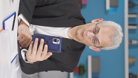 vertical video of home office worker man talking on the phone facetime happily.