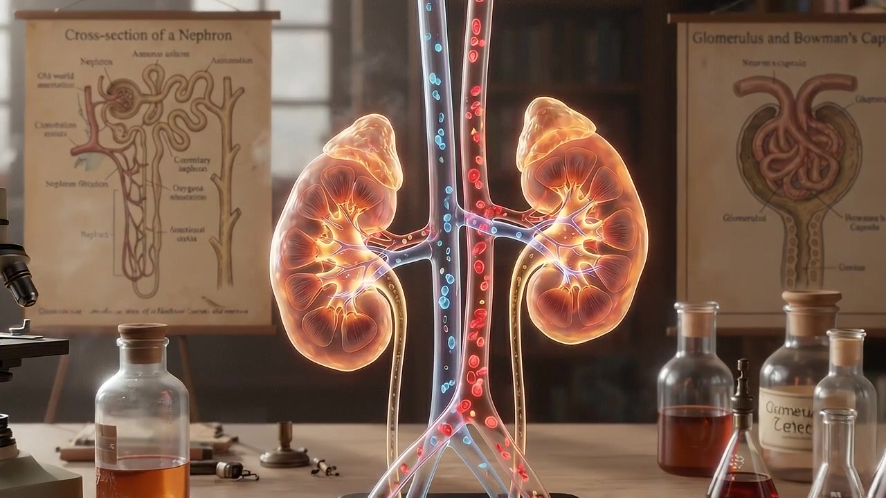 Kidney anatomy presentation in clinical room with illuminated renal organs