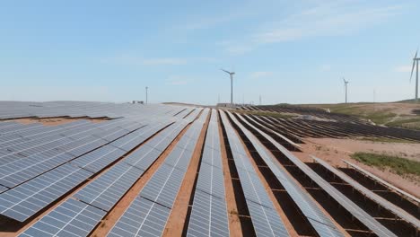 paneles solares en la granja envolver a lo largo del paisaje de la colina del desierto en filas organizadas