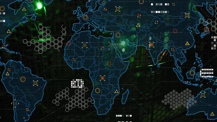 Animation of world map and data processing against close up of a computer server