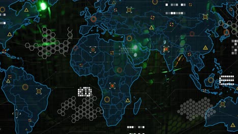 animación del mapa del mundo y procesamiento de datos contra el primer plano de un servidor de computadora