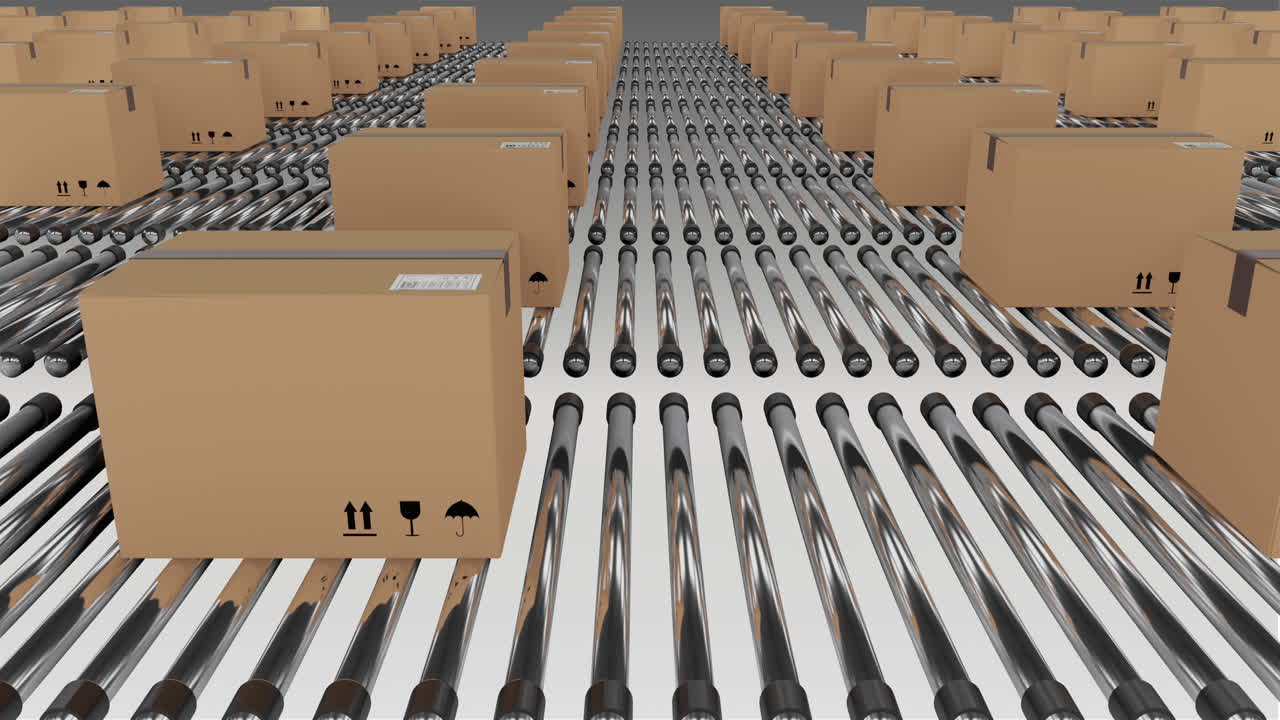 컨베이어 벨트 에 움직이는 카드보드 포장 상자 의 줄