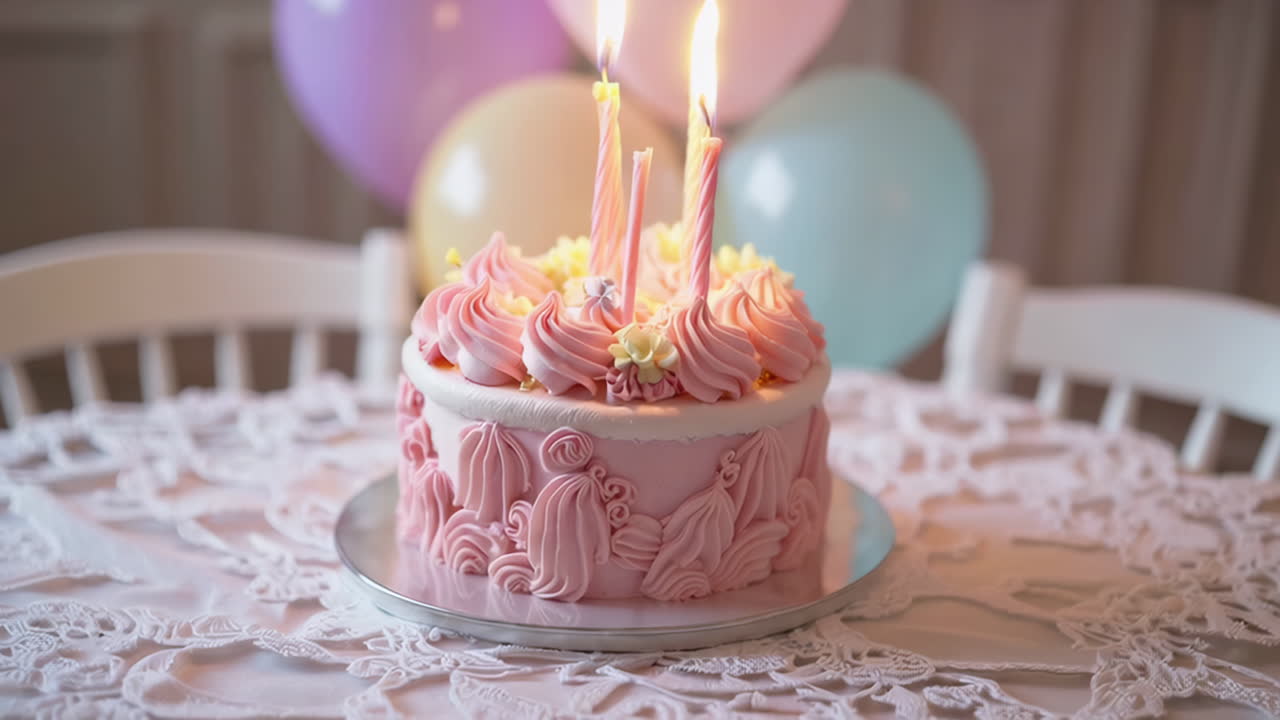 Pink Birthday Cake with Candles and Balloons