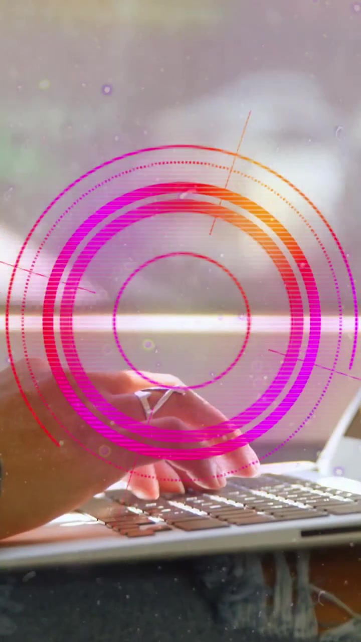 Animation of scope scanning and shapes over caucasian woman using laptop in bus
