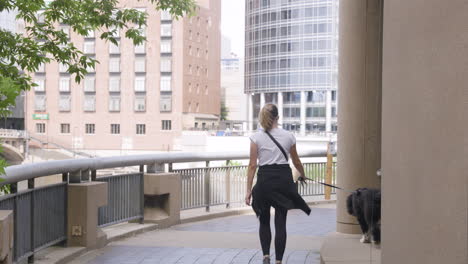 young woman walking her dog through an urban, river front environment