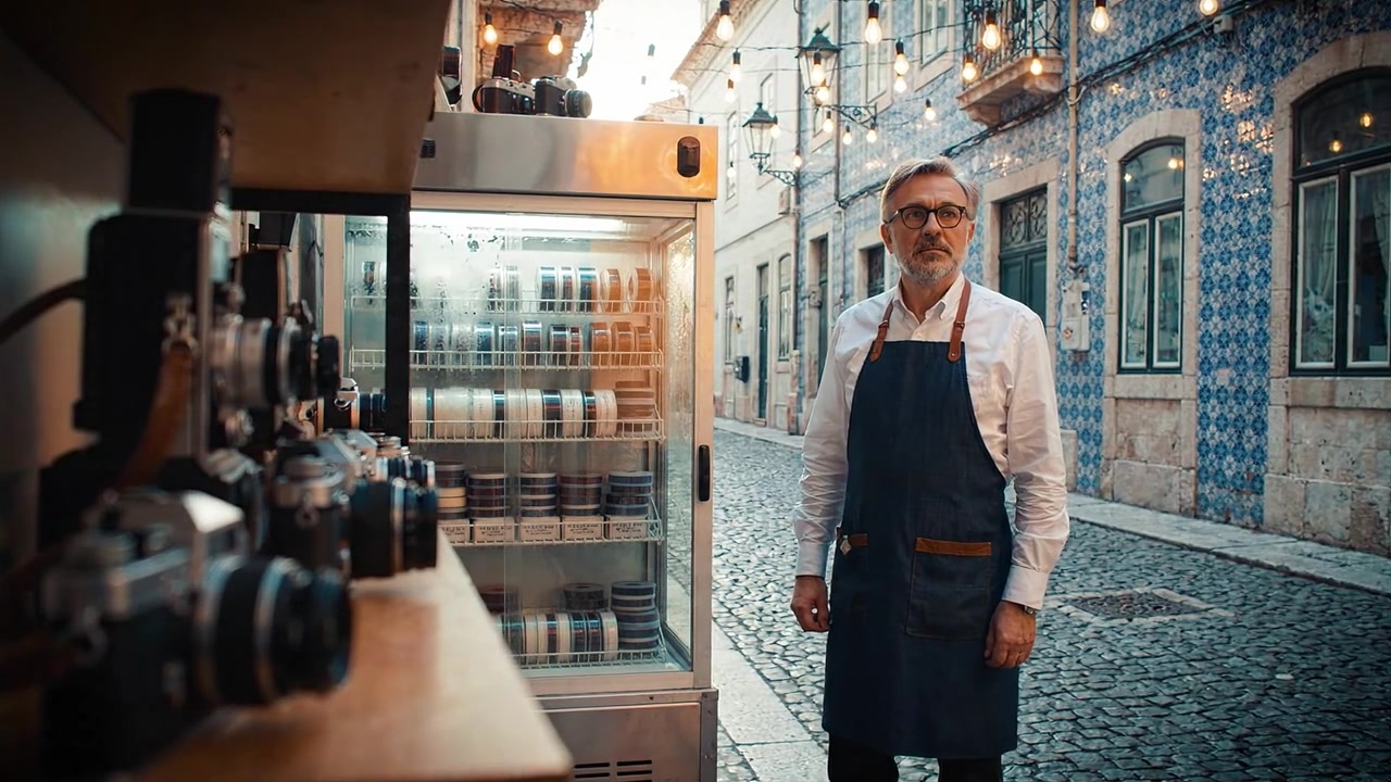 Un negoziante di macchine fotografiche vintage in una pittoresca strada acciottolata, circondato da vecchie macchine fotografiche e decorazioni affascinanti sotto la calda luce di lampioni vintage.