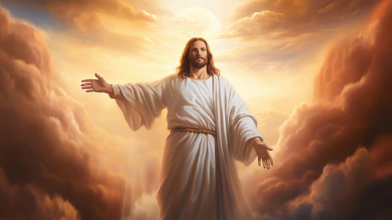 A divine figure in flowing robes stands with open arms amidst glowing clouds