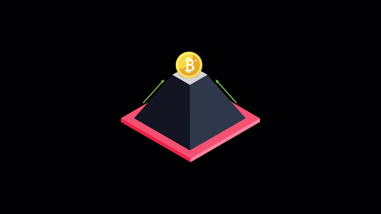 Moneta Bitcoin animata in cima a una piramide