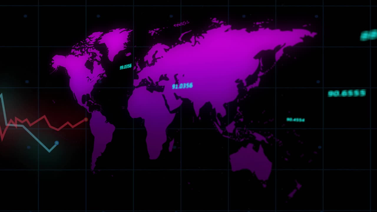 Displaying numerical data and graph lines, pink world map on black background