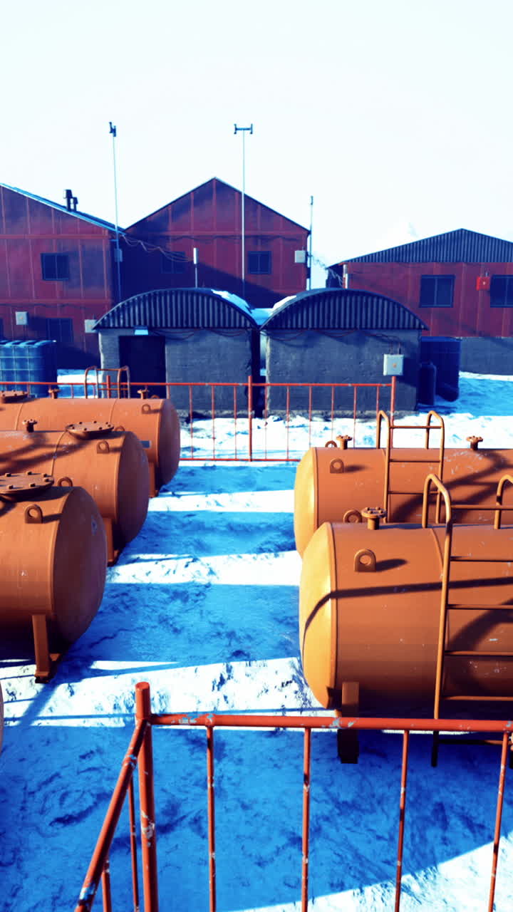 Exploring the remote research station surrounded by icy mountains and tanks